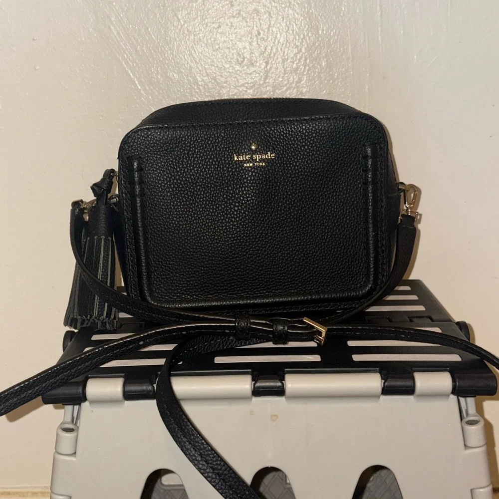 Kate Spade Black Pebbled Leather Camera Crossbody with Tassel